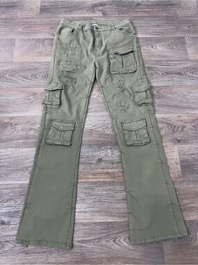 Men's Olive Green Cargo Chinos with Distressed Pockets/A399